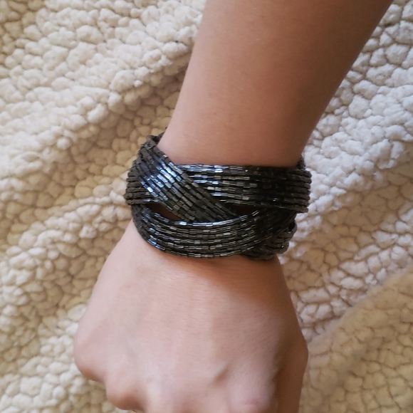 Blue Black Beaded Open Cuff Bracelet - Picture 3 of 4